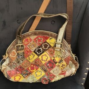 Satchel, oversized Mary Poppins bag, double sided multi color, snake skin/floral